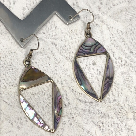 Vintage Alpaca Silver Mexico Abalone Inlay Earrings Dangle Drop Modernist Cutout - Picture 4 of 4